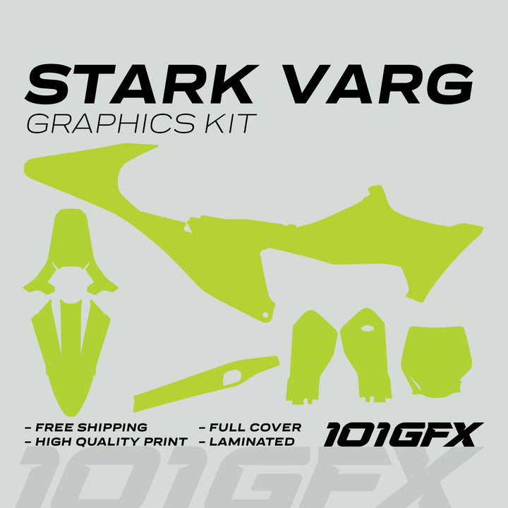 Stark Varg Graphics Kit SOLID COLOR GREEN Stickers displayed as lime-green vinyl decals for various bike parts, highlighting features like full coverage and glossy finish.