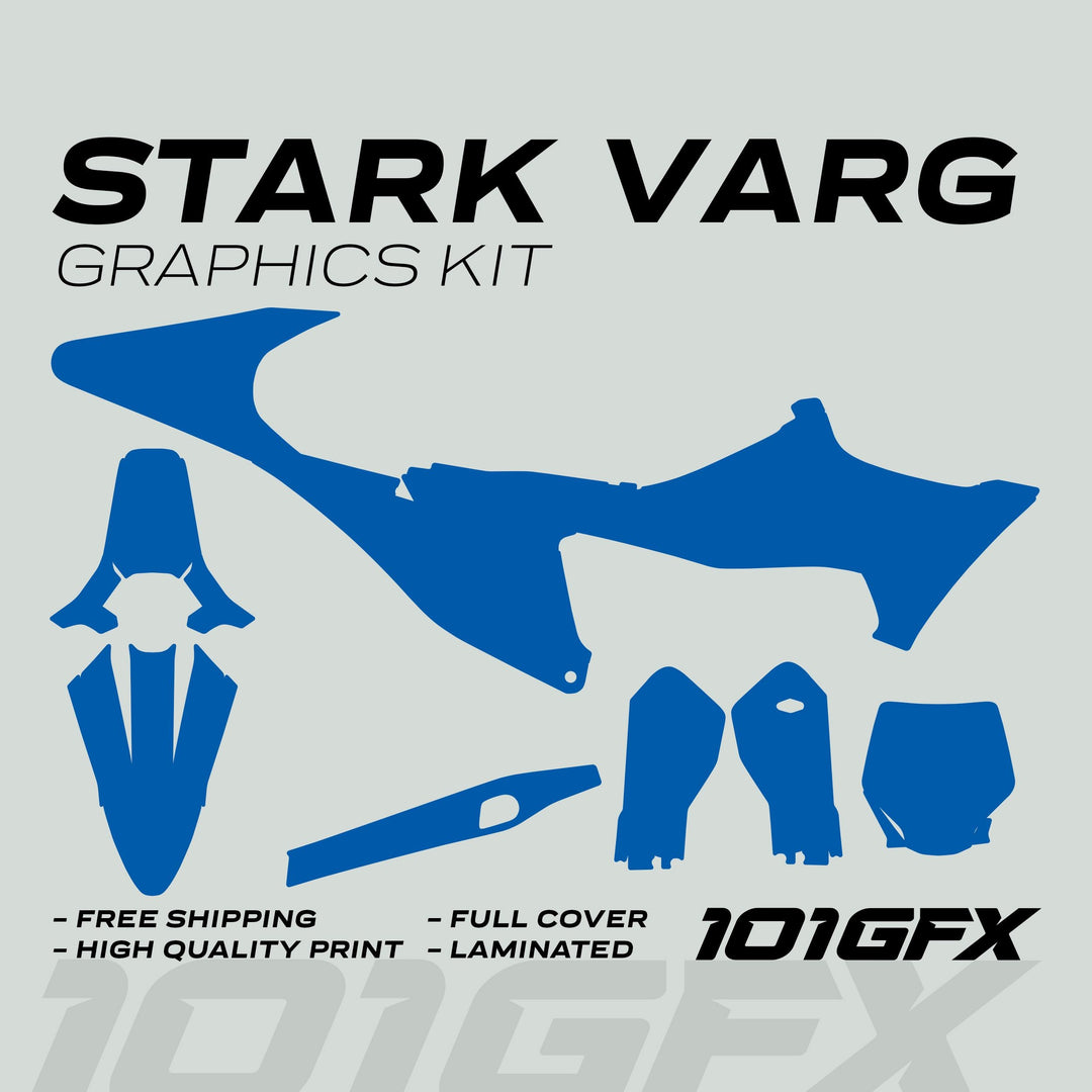 STARK VARG Graphics Kit SOLID COLOR BLUE Stickers, featuring blue-silhouetted panels for various bike parts, highlighted for durability and easy installation.
