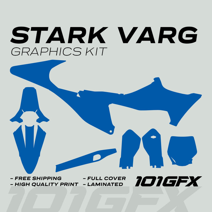 STARK VARG Graphics Kit SOLID COLOR BLUE Stickers, featuring blue-silhouetted panels for various bike parts, highlighted for durability and easy installation.