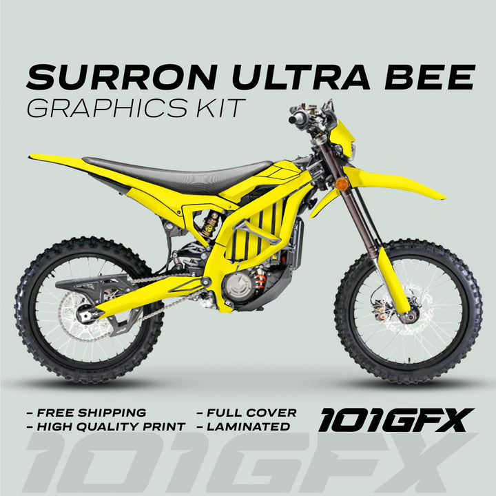Surron Ultra Bee Graphics Kit in Solid Color Yellow on electric dirt bike; features free shipping, high-quality print, full cover, laminated. 101GFX logo displayed.