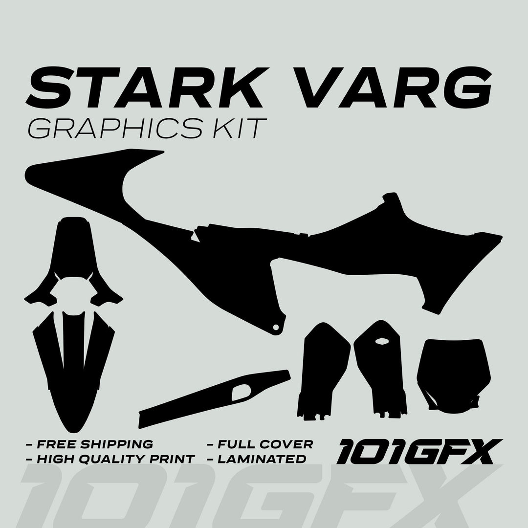 STARK VARG Graphics Kit SOLID COLOR BLACK Stickers, displaying vinyl panel silhouettes, 101GFX logo, and features like free shipping, high-quality print, full cover, and laminated finish.
