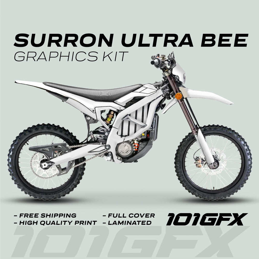 Surron Ultra Bee Graphics Kit SOLID COLOR WHITE displayed on a Sur-Ron Ultra Bee bike, highlighting features like free shipping, high-quality print, full coverage, and laminated finish.