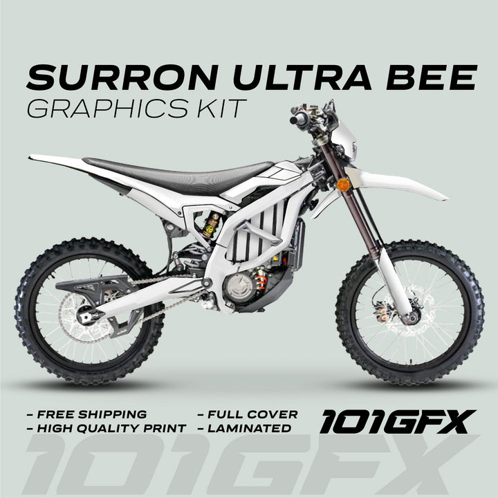 Surron Ultra Bee Graphics Kit SOLID COLOR WHITE displayed on a Sur-Ron Ultra Bee bike, highlighting features like free shipping, high-quality print, full coverage, and laminated finish.