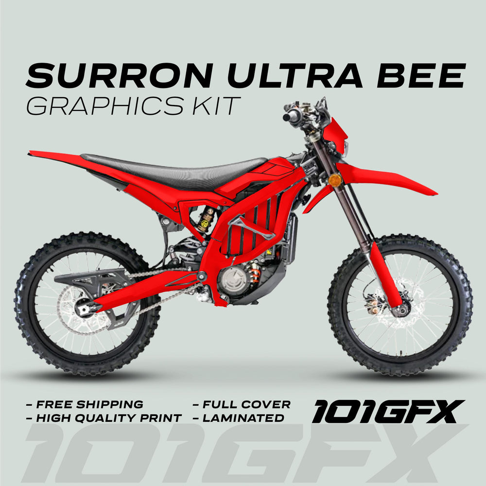 Sur-Ron Ultra Bee Graphics Kit SOLID COLOR RED on an electric dirt-bike, showcasing full-cover, laminated decals with text highlights: free shipping, high-quality print, durable, easy application.