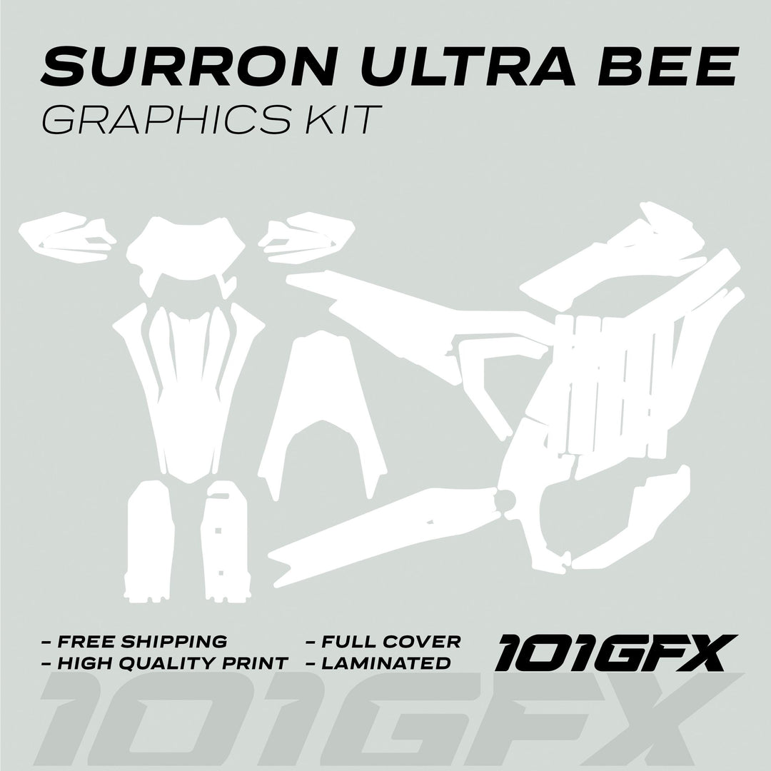 Surron Ultra Bee Graphics Kit SOLID COLOR WHITE showing decal shapes for bike panels, highlighting features like free shipping, high-quality print, full cover, and laminated protection.