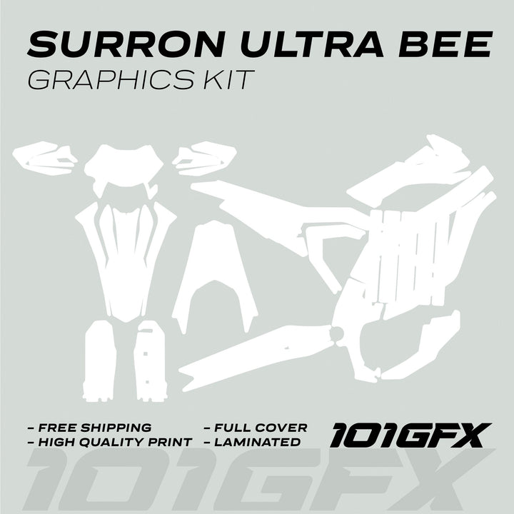Surron Ultra Bee Graphics Kit SOLID COLOR WHITE showing decal shapes for bike panels, highlighting features like free shipping, high-quality print, full cover, and laminated protection.