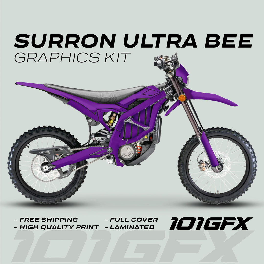 Surron Ultra Bee Graphics Kit in solid purple shown on bike, highlighting full cover, durability, easy application, and laminated finish. Includes 101GFX logo.