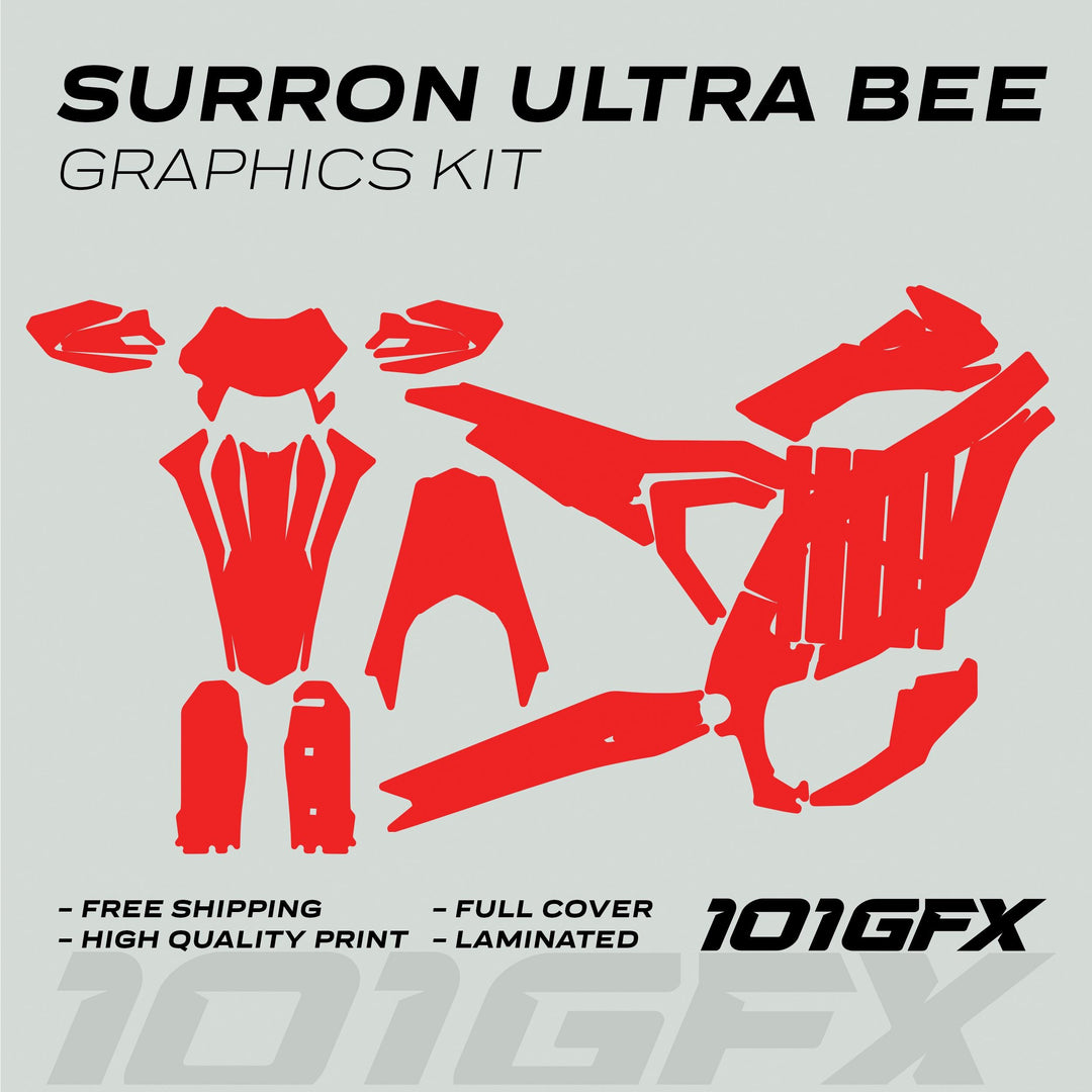 Surron Ultra Bee Graphics Kit SOLID COLOR RED mock-up showing red vinyl decals for full coverage on a Sur-Ron Ultra Bee electric dirt bike.