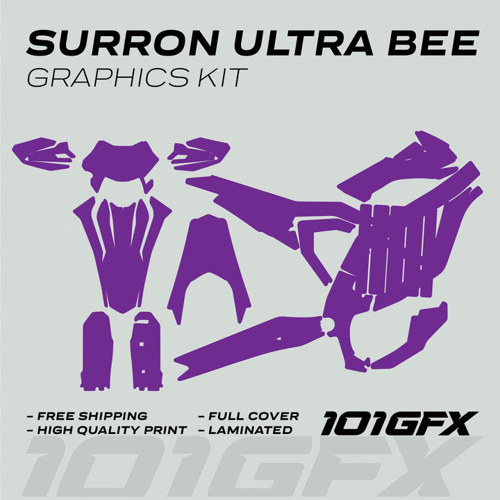 Surron Ultra Bee Graphics Kit SOLID COLOR PURPLE with vinyl decals, highlighting features: free shipping, high-quality print, full cover, laminated; 101GFX logo visible.