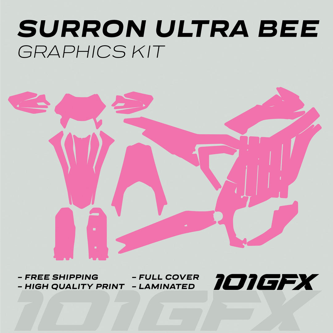 SurRon Ultra Bee Graphics Kit in solid pink, showcasing individual pink decal silhouettes, highlights include laminated full cover, high-quality print, and 101GFX branding.