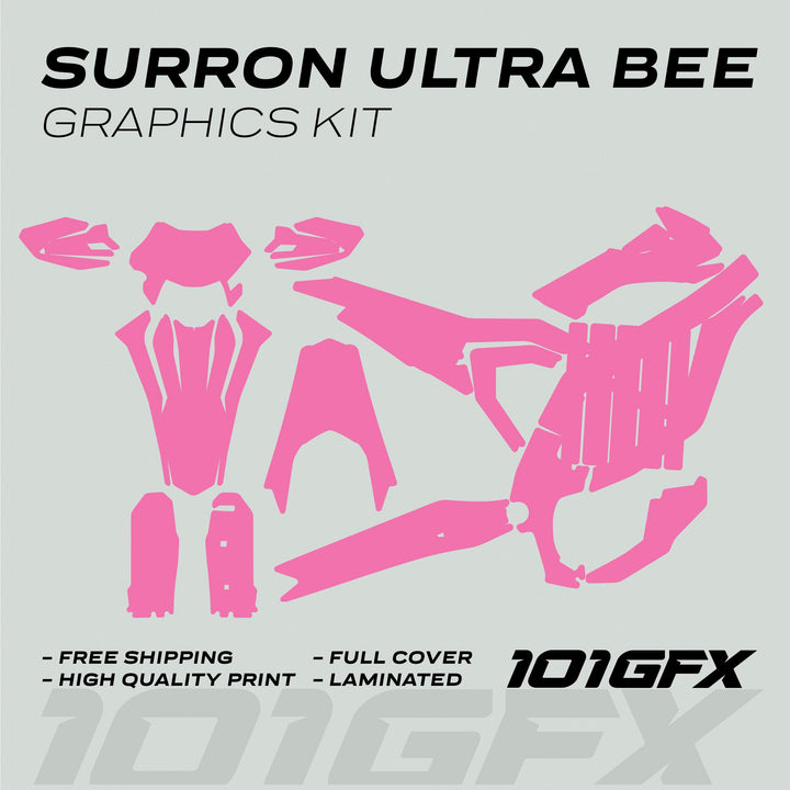 SurRon Ultra Bee Graphics Kit in solid pink, showcasing individual pink decal silhouettes, highlights include laminated full cover, high-quality print, and 101GFX branding.