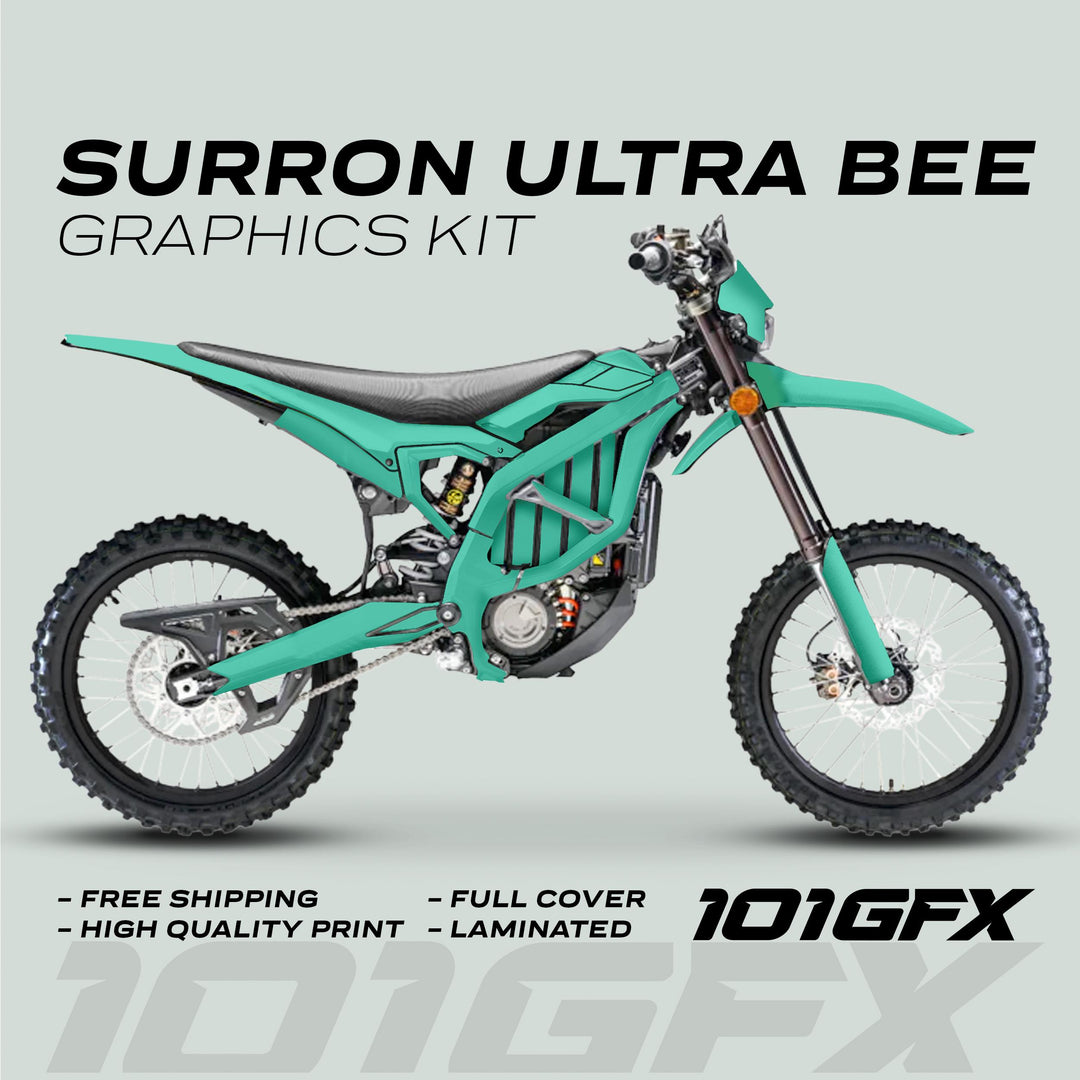 Surron Ultra Bee Graphics Kit SOLID COLOR MINT on teal electric dirt-bike, featuring free shipping, high-quality print, full cover, laminated; 101GFX logo displayed.