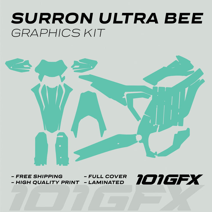 Surron Ultra Bee Graphics Kit SOLID COLOR MINT with teal vinyl decals, offering high-quality, full-cover, laminated prints; includes free shipping, enhancing bike aesthetics and durability. 