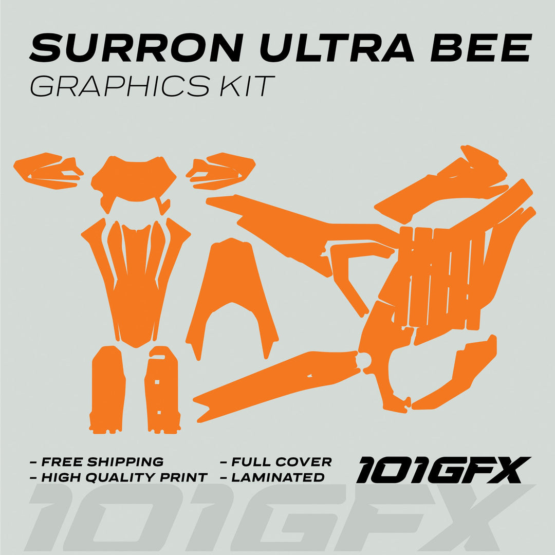 Surron Ultra Bee Graphics Kit SOLID COLOR ORANGE mockup showing orange vinyl pieces for bike customization, highlighting durability, easy application, and full coverage.