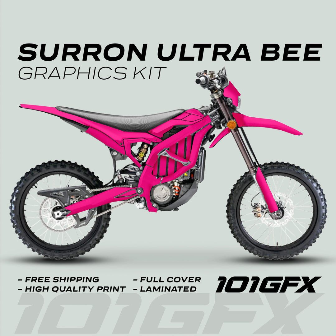 Sur-Ron Ultra Bee electric dirt bike with vibrant pink decals from the Graphics Kit Solid Color Magenta, showcasing durability and full coverage features by 101GFX.