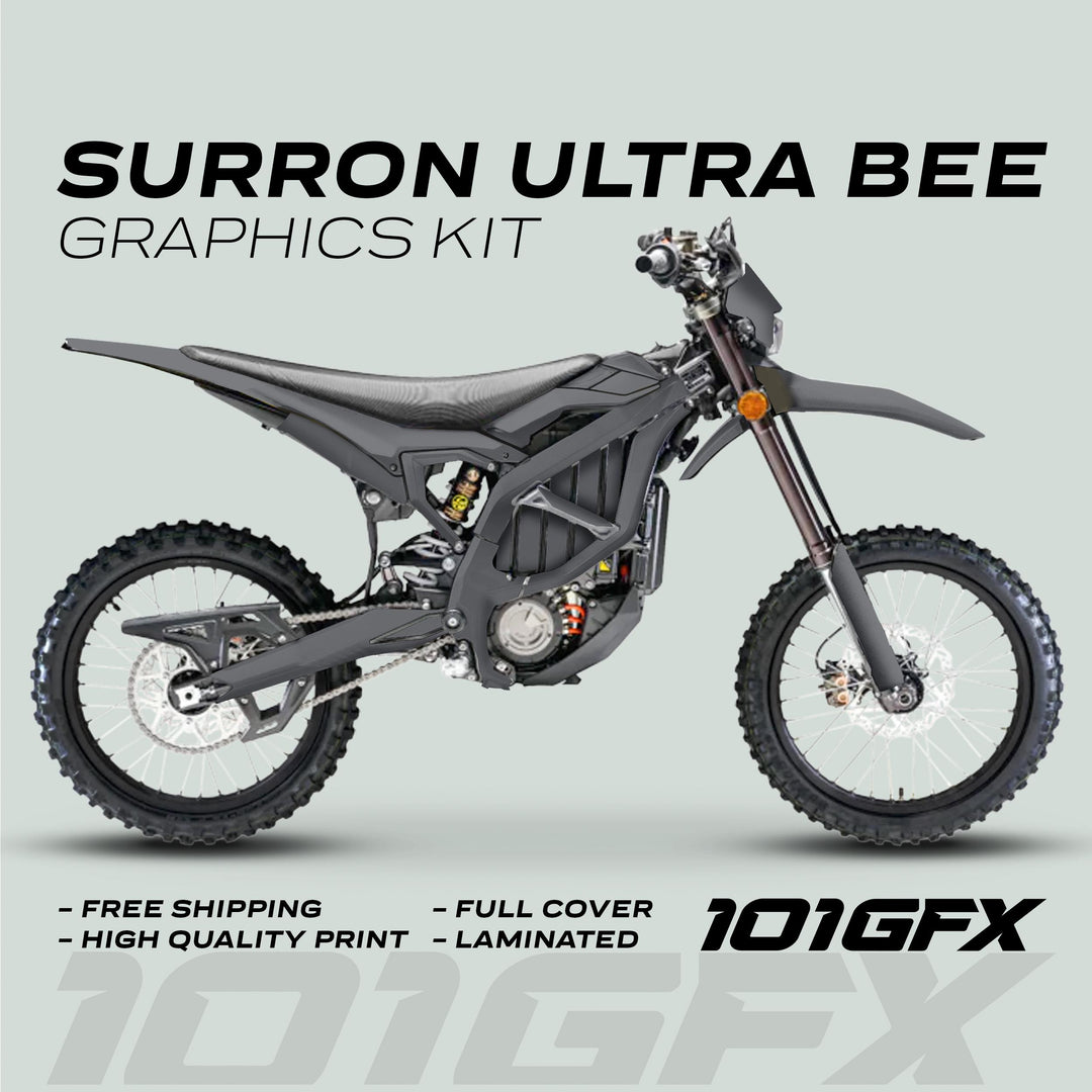 Surron Ultra Bee Graphics Kit SOLID COLOR GREY displayed on a side-view of a motorcycle, highlighting features: free shipping, high-quality print, full cover, laminated.