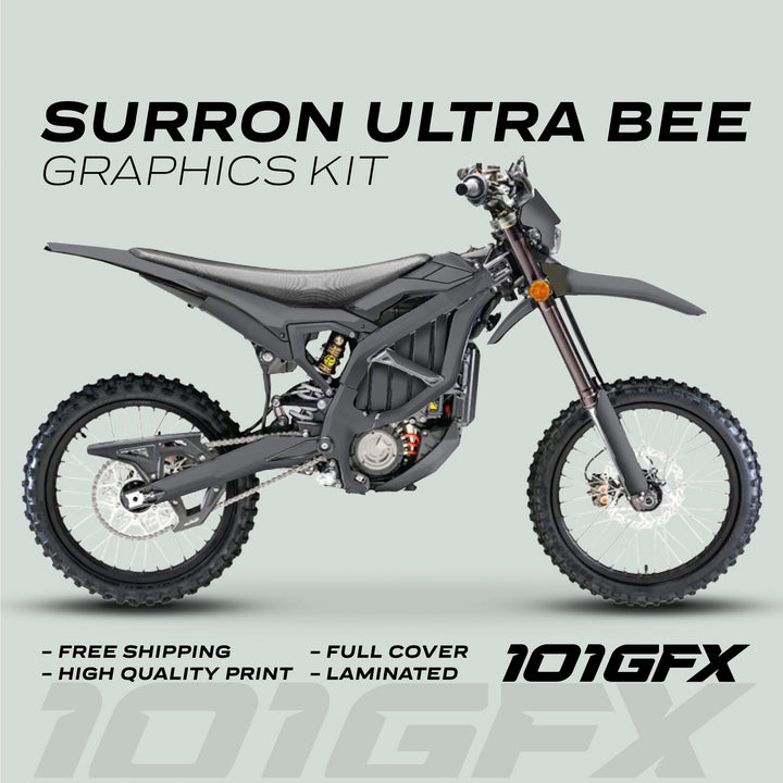 Surron Ultra Bee Graphics Kit SOLID COLOR GREY displayed on a side-view of a motorcycle, highlighting features: free shipping, high-quality print, full cover, laminated.