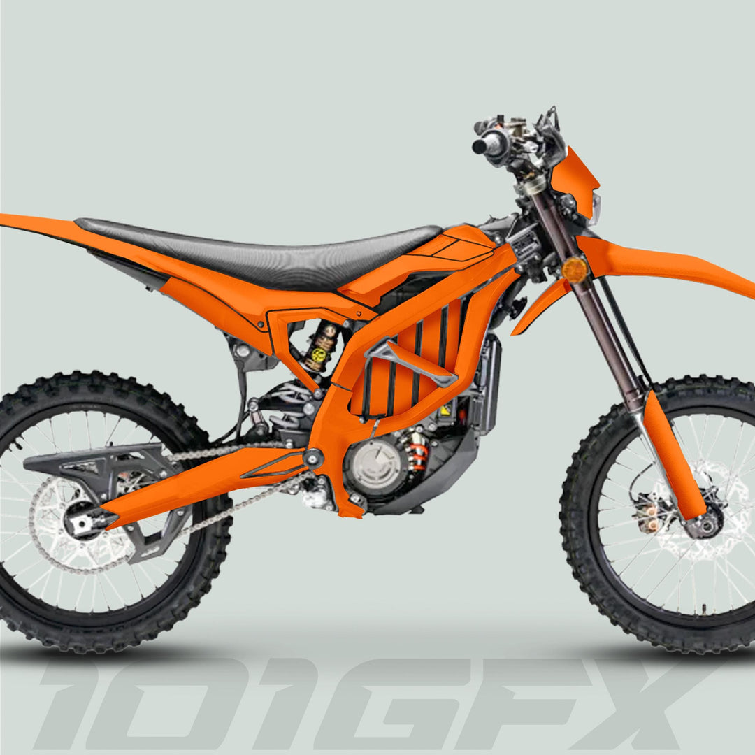 Surron Ultra Bee Graphics Kit SOLID COLOR ORANGE on a dirt bike, featuring knobby tires, long-travel suspension, and motocross-style seat for a customized off-road look.