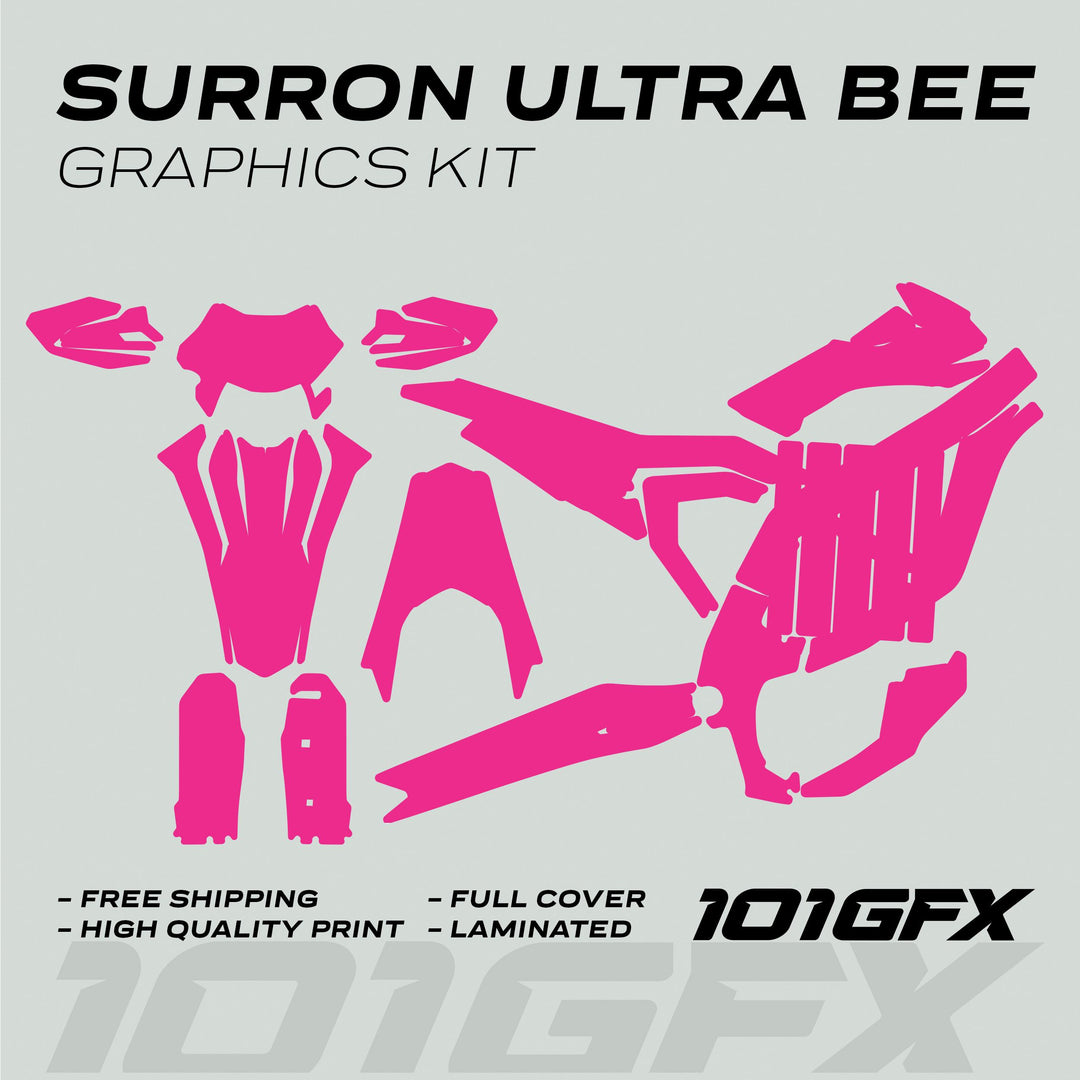 Surron Ultra Bee Graphics Kit SOLID COLOR MAGENTA with hot pink vinyl decals, includes side panels, fenders, laminated for durability, touts Free Shipping and High Quality Print.