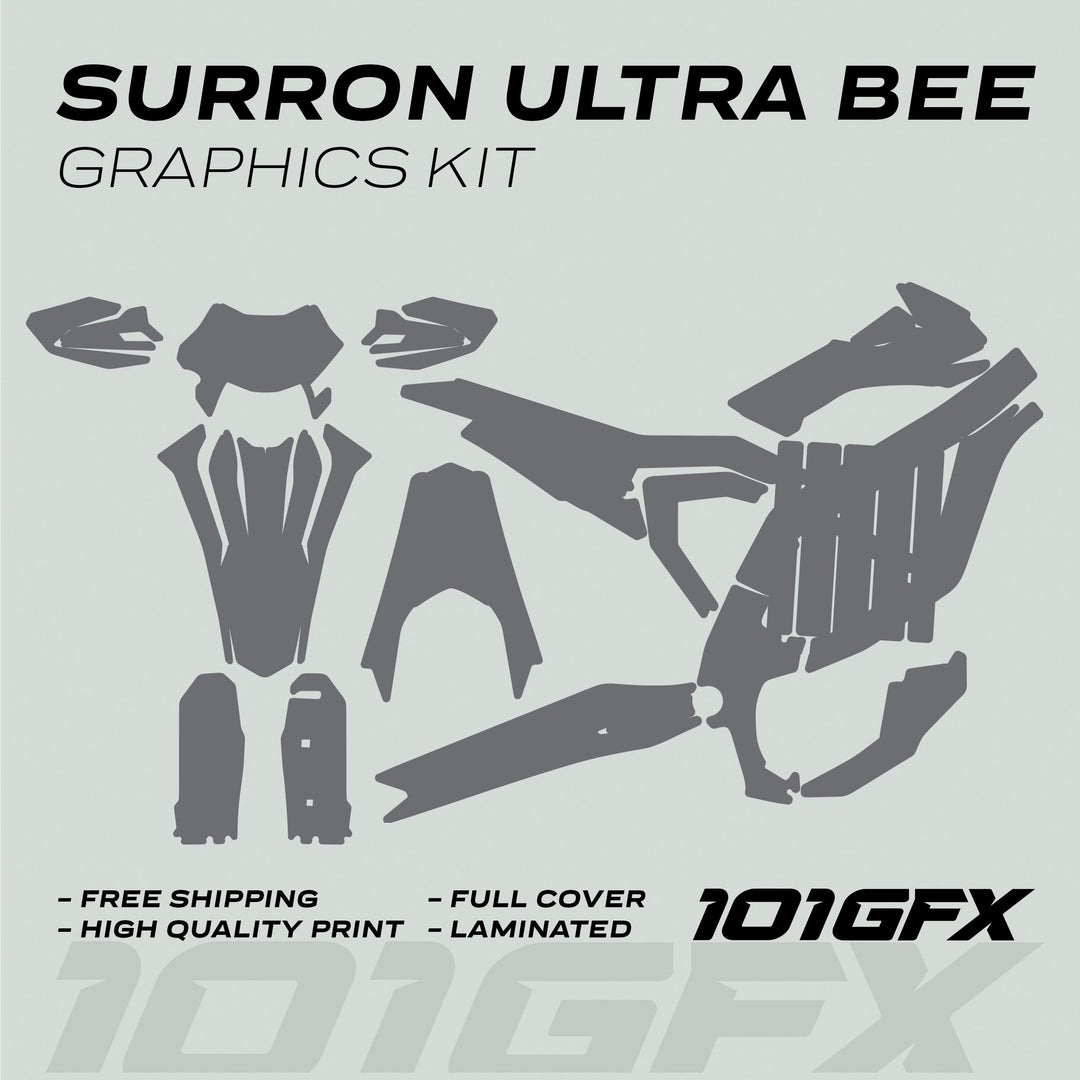 Surron Ultra Bee Graphics Kit SOLID COLOR GREY displayed as die-cut panels for electric bike, highlighting free shipping, high-quality print, full cover, and laminated features.