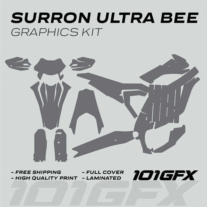 Surron Ultra Bee Graphics Kit SOLID COLOR GREY displayed as die-cut panels for electric bike, highlighting free shipping, high-quality print, full cover, and laminated features.