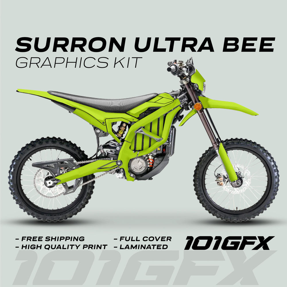 Surron Ultra Bee Graphics Kit SOLID COLOR GREEN on an electric dirt-bike, featuring vibrant lime-green decals, showcasing durability, full coverage, and easy application.