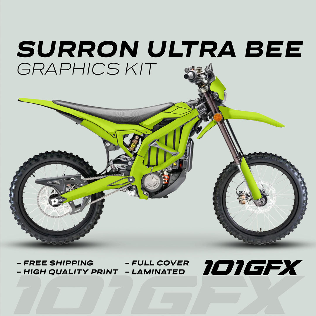 Surron Ultra Bee Graphics Kit SOLID COLOR GREEN on an electric dirt-bike, featuring vibrant lime-green decals, showcasing durability, full coverage, and easy application.