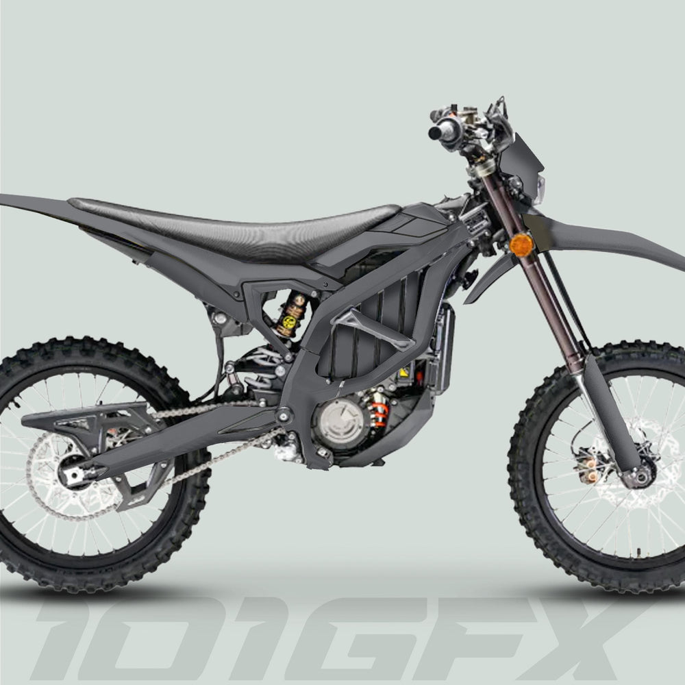 Surron Ultra Bee Graphics Kit SOLID COLOR GREY on an electric motocross bike, showcasing knobby tires, exposed frame, and flat seat for a sleek, modern look.