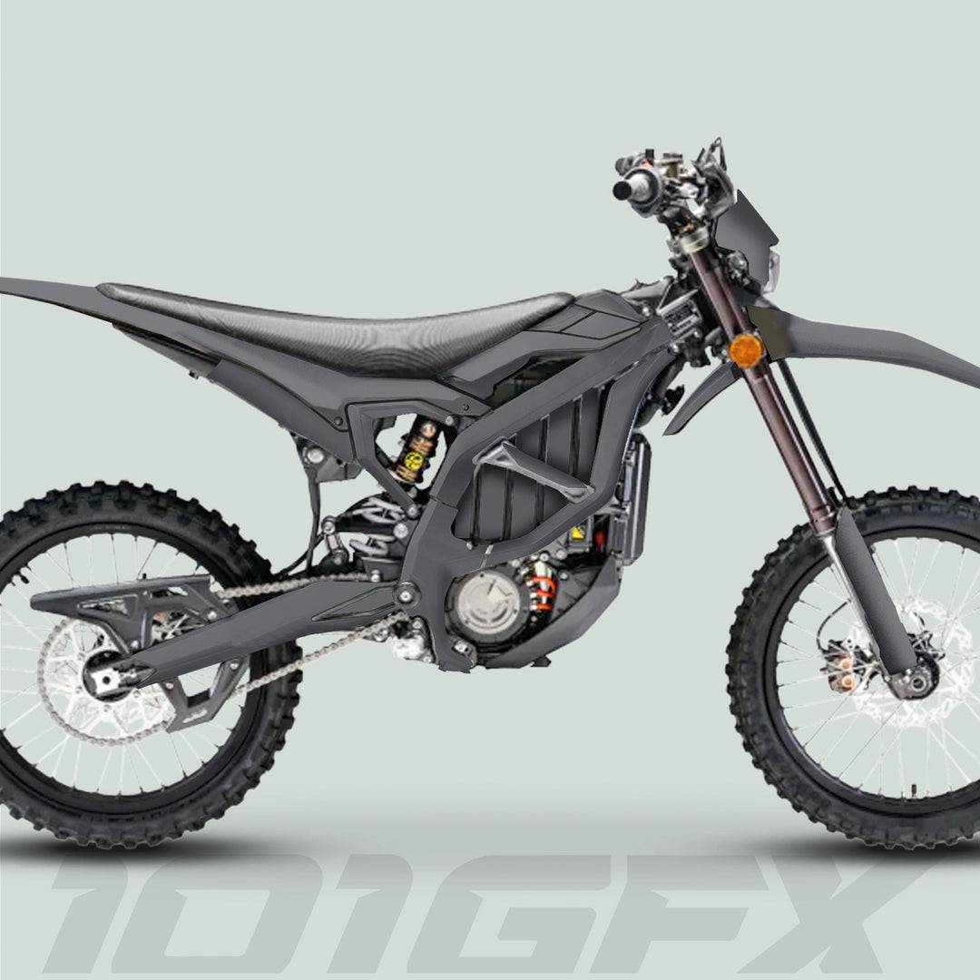 Surron Ultra Bee Graphics Kit SOLID COLOR GREY on an electric motocross bike, showcasing knobby tires, exposed frame, and flat seat for a sleek, modern look.