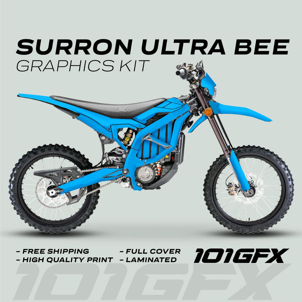 Surron Ultra Bee Graphics Kit SOLID COLOR CYAN on electric dirt bike, highlighting full coverage, high-quality print, laminated finish, and free shipping.