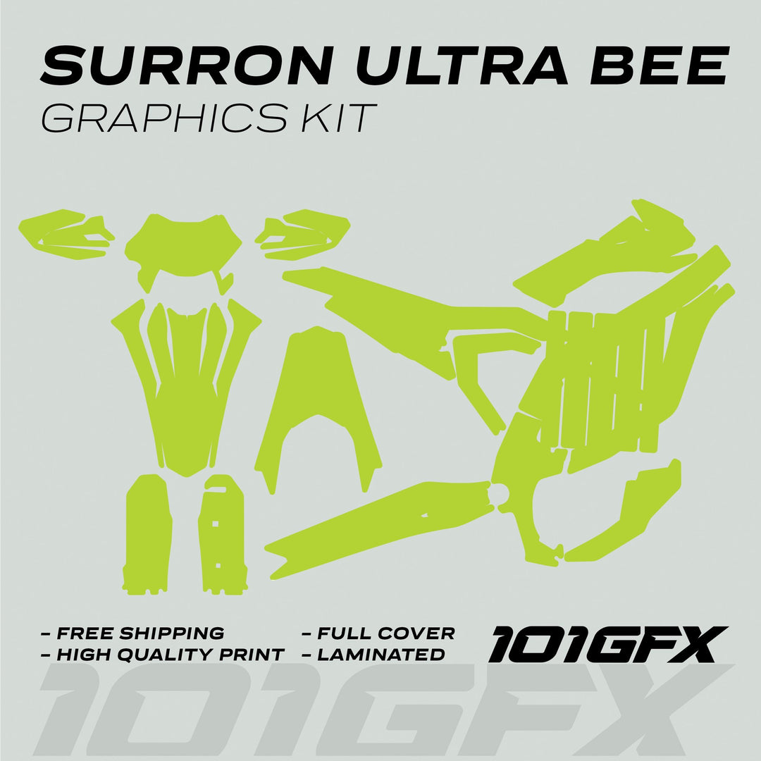Surron Ultra Bee Graphics Kit SOLID COLOR GREEN with neon-lime vinyl decals for full bike coverage, featuring free shipping, high-quality print, full cover, laminated.