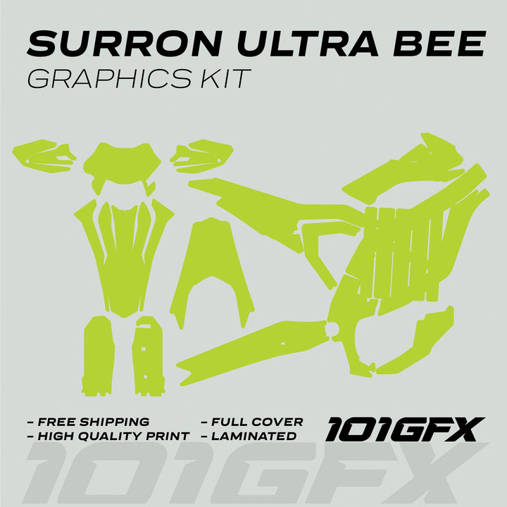 Surron Ultra Bee Graphics Kit SOLID COLOR GREEN with neon-lime vinyl decals for full bike coverage, featuring free shipping, high-quality print, full cover, laminated.