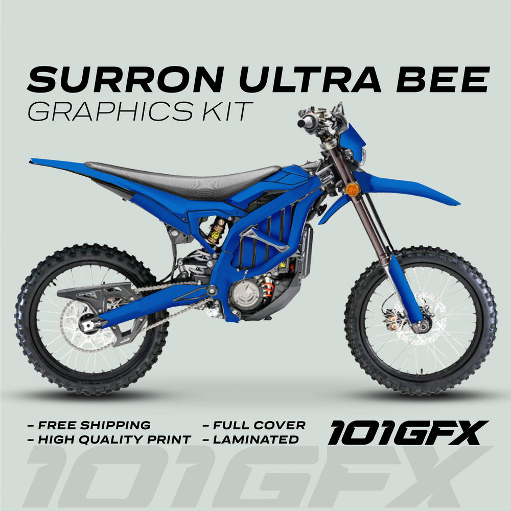 SurRon Ultra Bee Graphics Kit in SOLID COLOR BLUE, showcasing a full-cover wrap on a dirt bike, highlighting free shipping, high-quality print, and durability features.