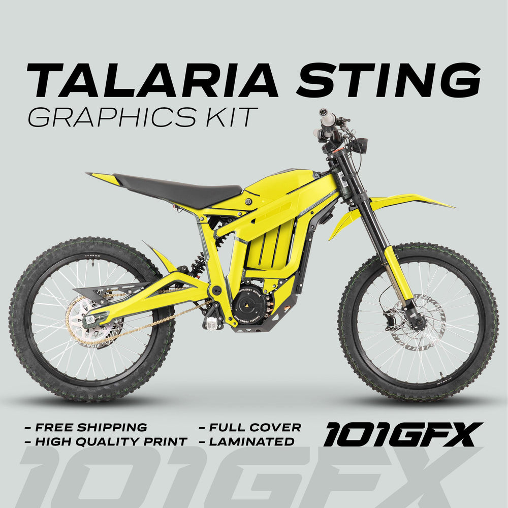 Talaria Sting MX3 MX4 Graphics Kit SOLID COLOR YELLOW displayed on an electric dirt-bike, highlighting features like full cover, high-quality print, and easy application.