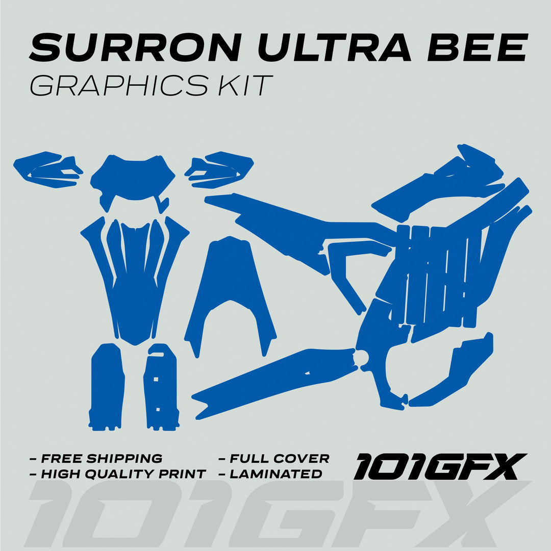 Surron Ultra Bee Graphics Kit SOLID COLOR BLUE, featuring blue decal shapes for body panels, promotes free shipping, high-quality print, full cover, and lamination.