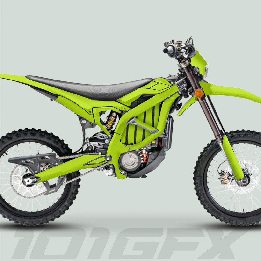 Lime-green electric dirt-bike with knobby tires and inverted forks, showcasing the Surron Ultra Bee Graphics Kit for enhanced style and durability.
