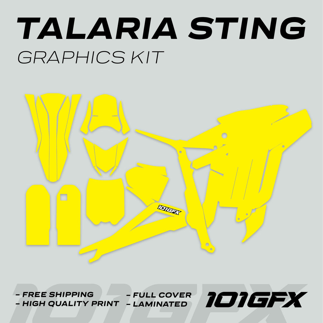 Talaria Sting MX3 MX4 Graphics Kit SOLID COLOR YELLOW, showing yellow vinyl panels and selling points like Free Shipping and High Quality Print with brand 101GFX.