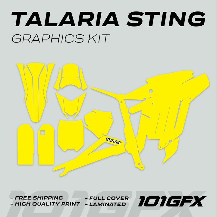 Talaria Sting MX3 MX4 Graphics Kit SOLID COLOR YELLOW, showing yellow vinyl panels and selling points like Free Shipping and High Quality Print with brand 101GFX.