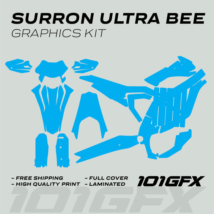 Surron Ultra Bee Graphics Kit SOLID COLOR CYAN featuring blue vinyl pieces, free shipping, high-quality print, full cover, laminated finish, and 101GFX logo.