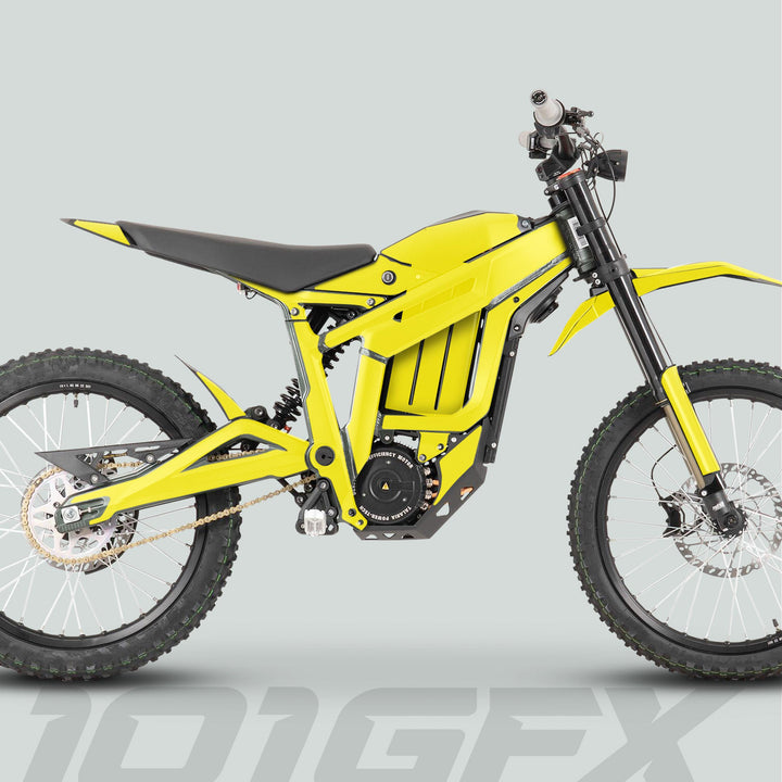 Talaria Sting MX3 MX4 Graphics Kit SOLID COLOR YELLOW on a bright-yellow off-road e-bike with knobby tires and central battery/motor housing.
