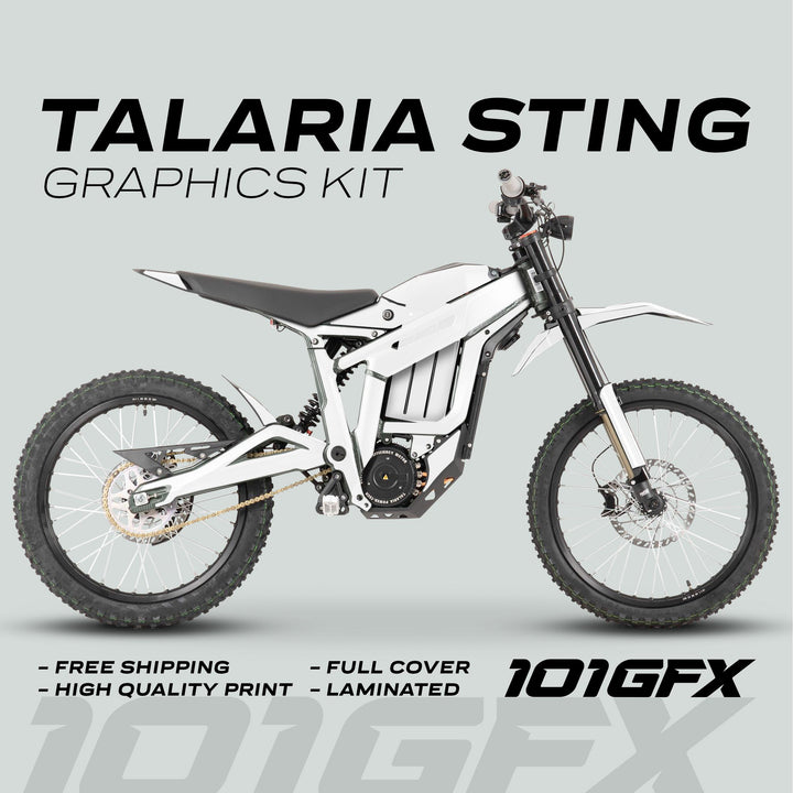 Talaria Sting MX3 MX4 Graphics Kit SOLID COLOR WHITE on a motorcycle, highlighting free shipping, high-quality print, full cover, and laminated features with 101GFX branding.