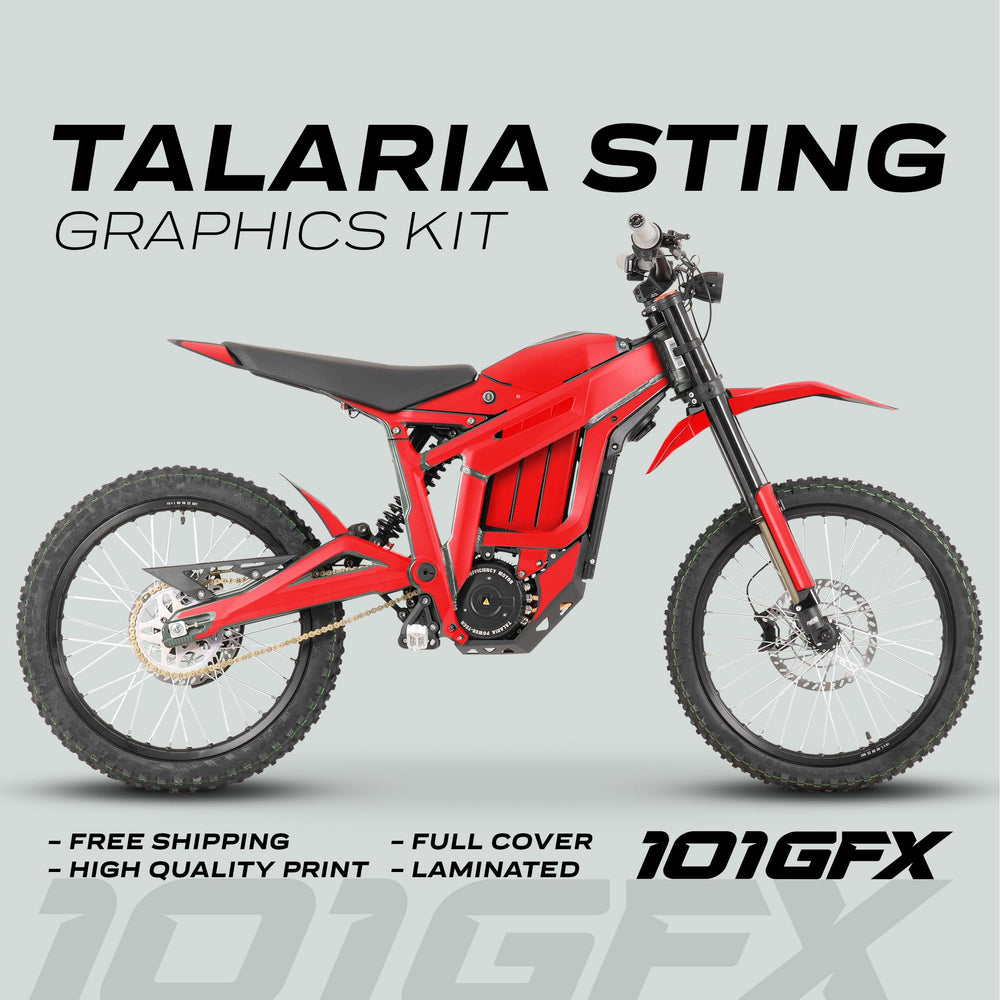 Talaria Sting MX3 MX4 Graphics Kit in solid red on electric dirt bike, featuring free shipping, high quality, full cover, and laminated finish. Logo: 101GFX.