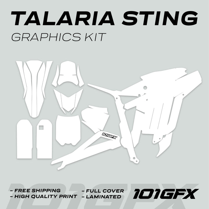 Talaria Sting MX3 MX4 Graphics Kit SOLID COLOR WHITE die-cut templates displayed, showcasing decal panels for customization, with features like free shipping, high-quality print, and durability.