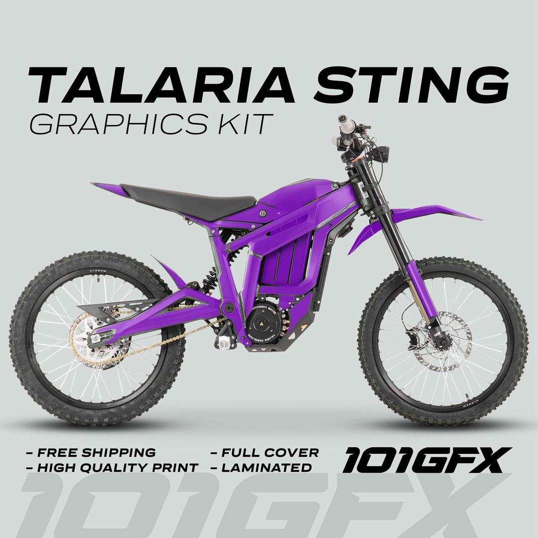 Purple Talaria Sting MX3 MX4 with SOLID COLOR PURPLE Graphics Kit, featuring high-quality, laminated decals. Highlights include free shipping and easy application by 101GFX.