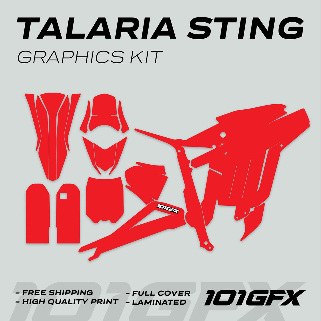 Talaria Sting MX3 MX4 Graphics Kit SOLID COLOR RED showcasing full-coverage red decals, highlighting Free Shipping, High Quality Print, Full Cover, and Laminated.