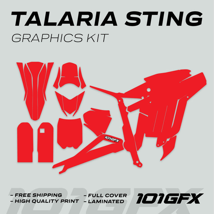 Talaria Sting MX3 MX4 Graphics Kit SOLID COLOR RED showcasing full-coverage red decals, highlighting Free Shipping, High Quality Print, Full Cover, and Laminated.
