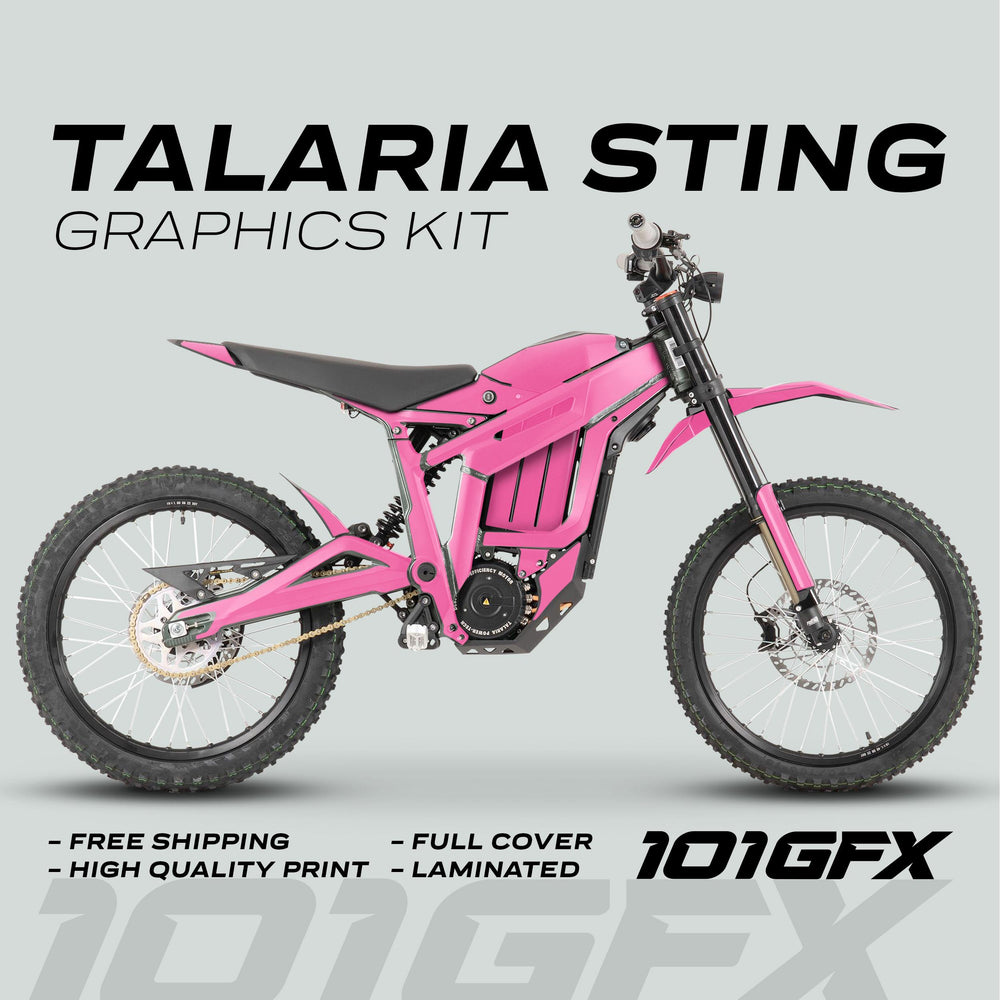 Talaria Sting MX3 MX4 Graphics Kit SOLID COLOR PINK on electric bike, highlighting Free Shipping, Full Cover, High Quality Print, Laminated, with 101GFX branding.