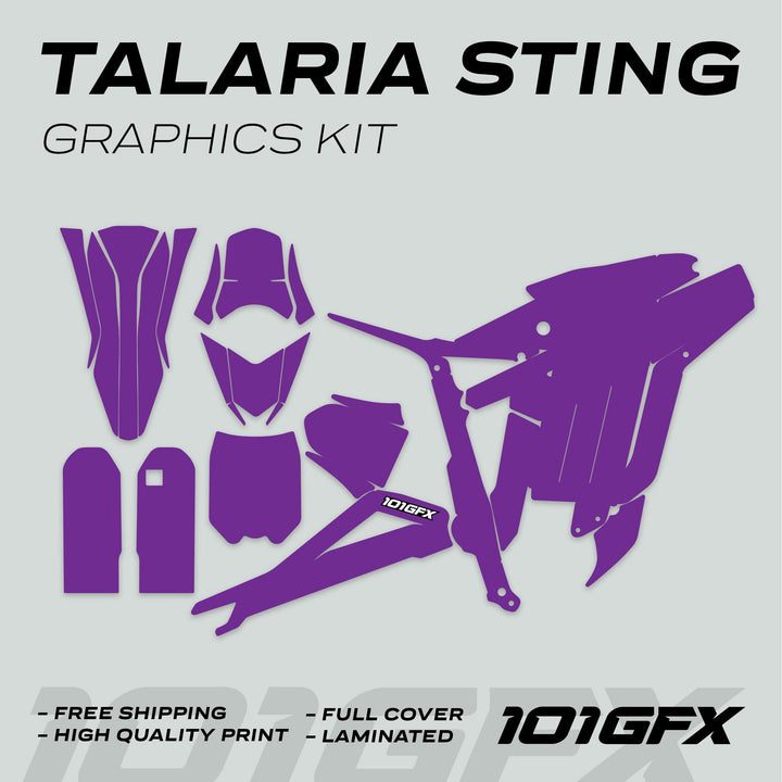 Talaria Sting MX3 MX4 Graphics Kit SOLID COLOR PURPLE decals, including tank shrouds and fenders, with features like free shipping and laminated finish highlighted below.