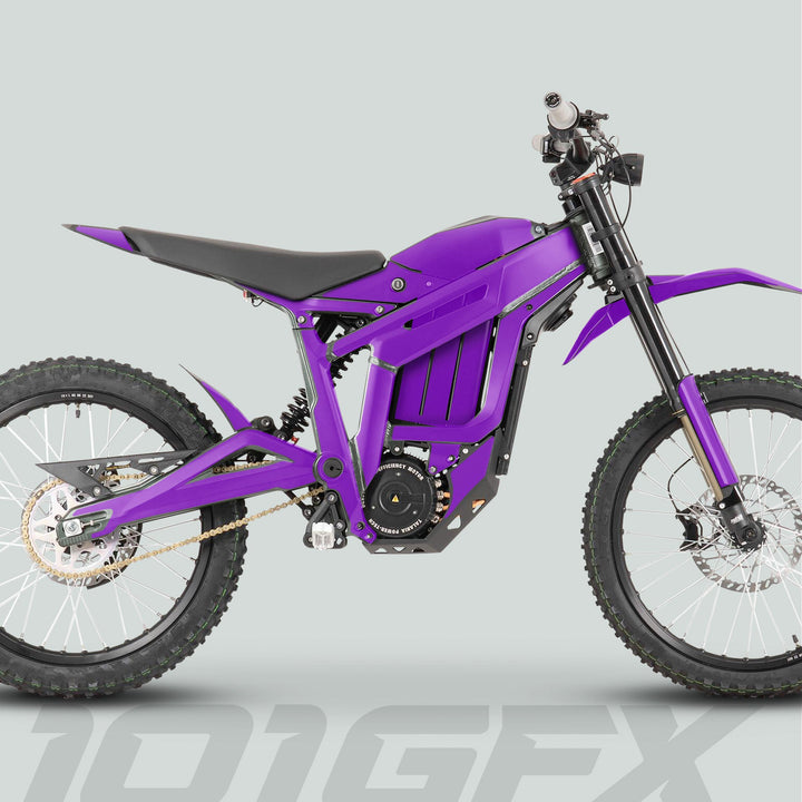 Side view of a Talaria Sting MX3 MX4 Graphics Kit SOLID COLOR PURPLE electric dirt-bike, showcasing knobby tires, suspension, frame, motor, and battery.