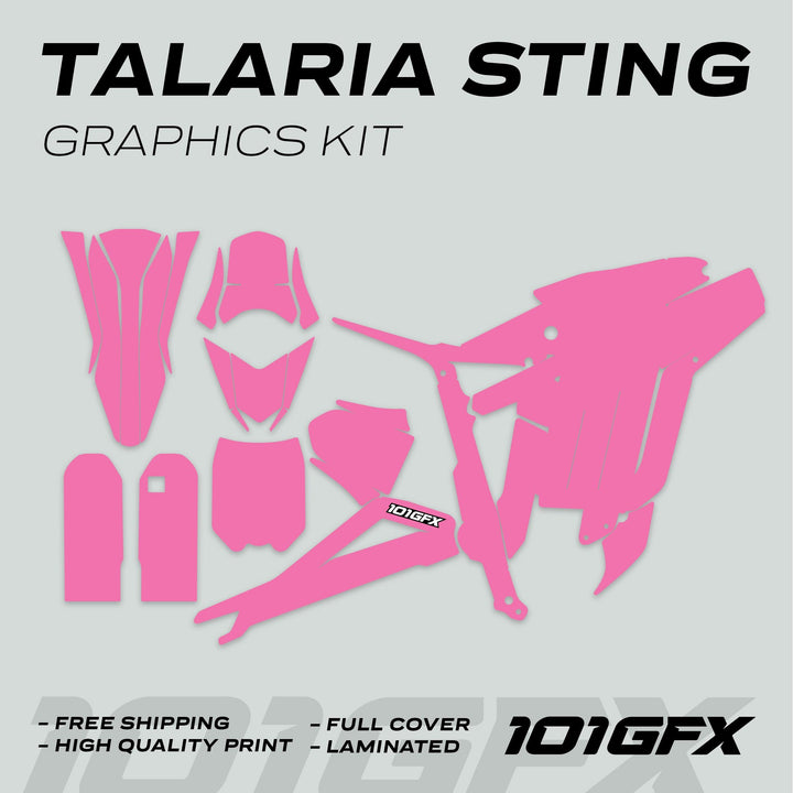 Talaria Sting MX3 MX4 Graphics Kit SOLID COLOR PINK with pink vinyl decals for fenders, shrouds, and plates, highlighted by Free Shipping and High Quality Print labels.